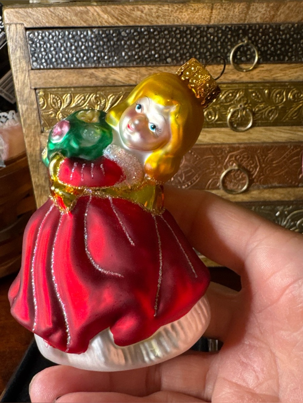 Glass Red Holiday Girl Holding Flowers Ornament Holiday Lane